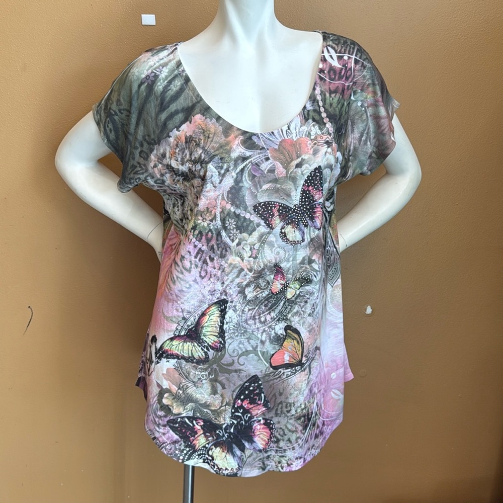 Big Bang Womens Wearable Art Tunic Top XL Butterfly Print Rhinestones Hi Low